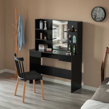 Basicwise Black Modern Wooden Dressing Table with Drawer, Mirror and Shelves for The Dining Room, Entryway QI004241L.BK